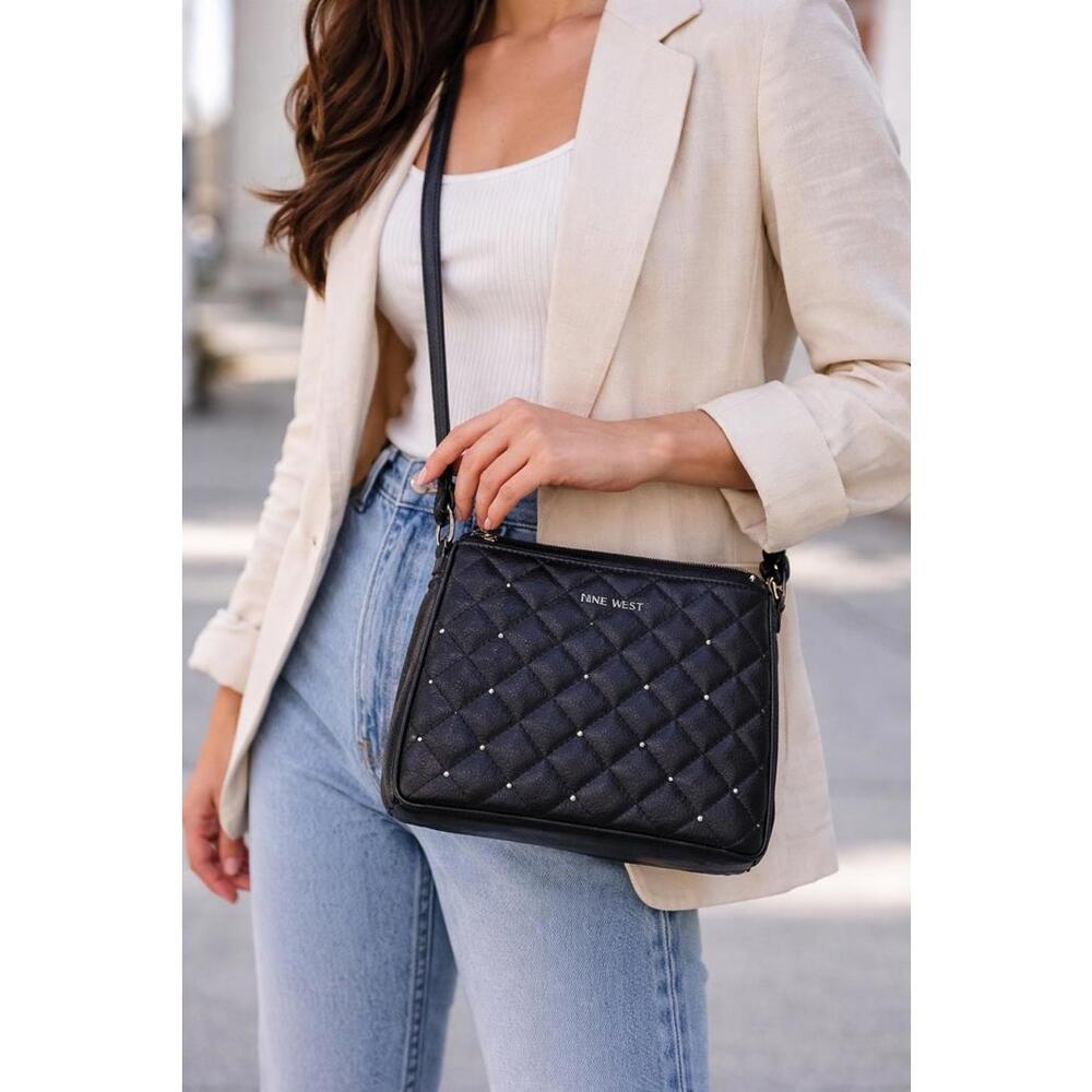Nine West Black Faux Leather Quilted Stitch Studded Crossbody Purse - Pockets